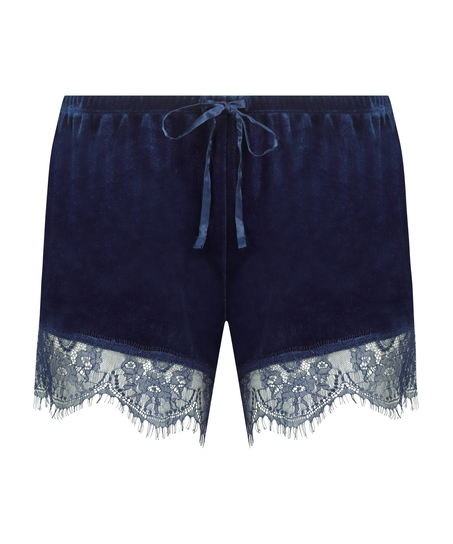 Gl&auml;nzende Velours-Spitzen-Shorts, Blau