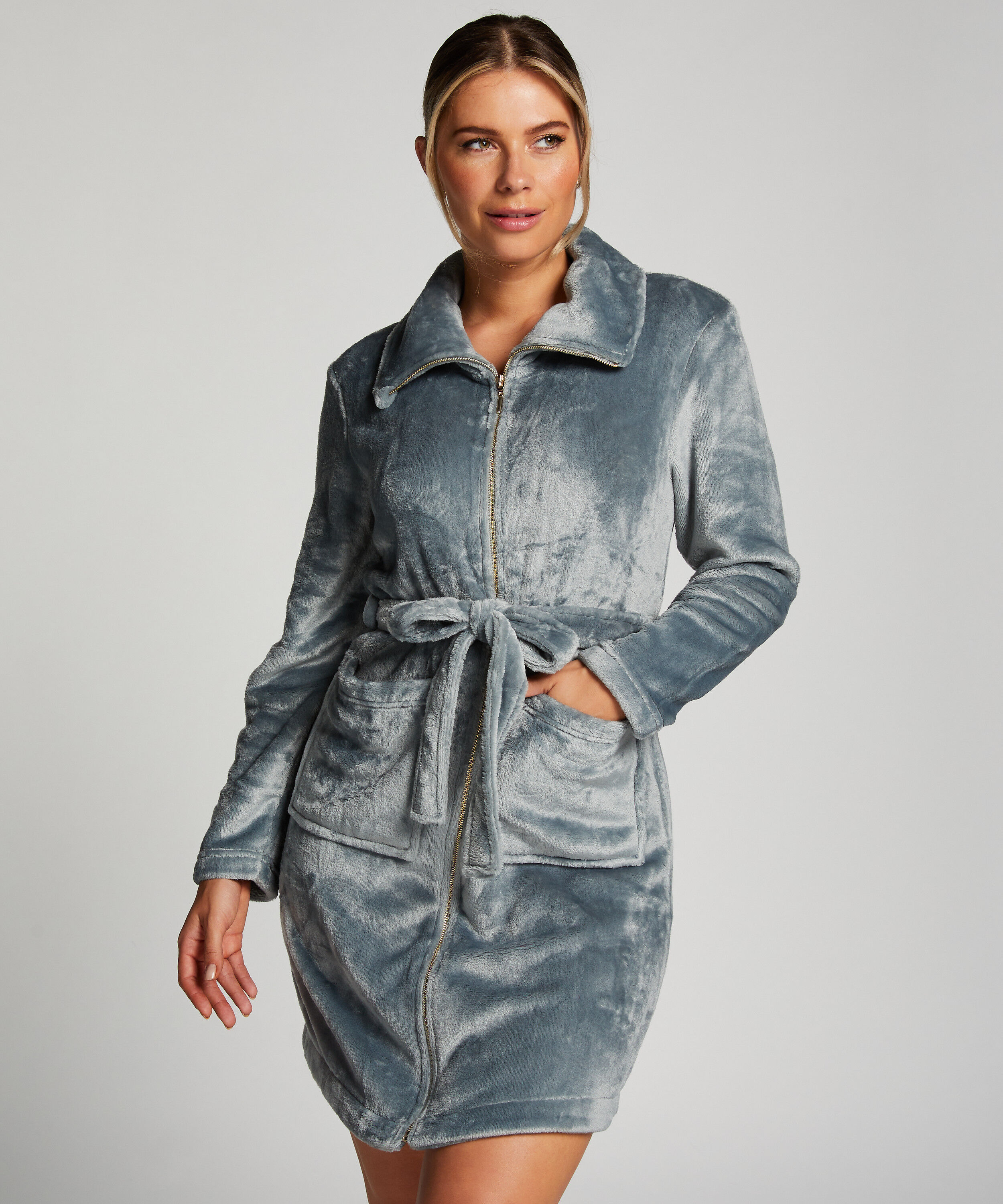 Peignoir en molleton avec fermeture &eacute;clair, Bleu