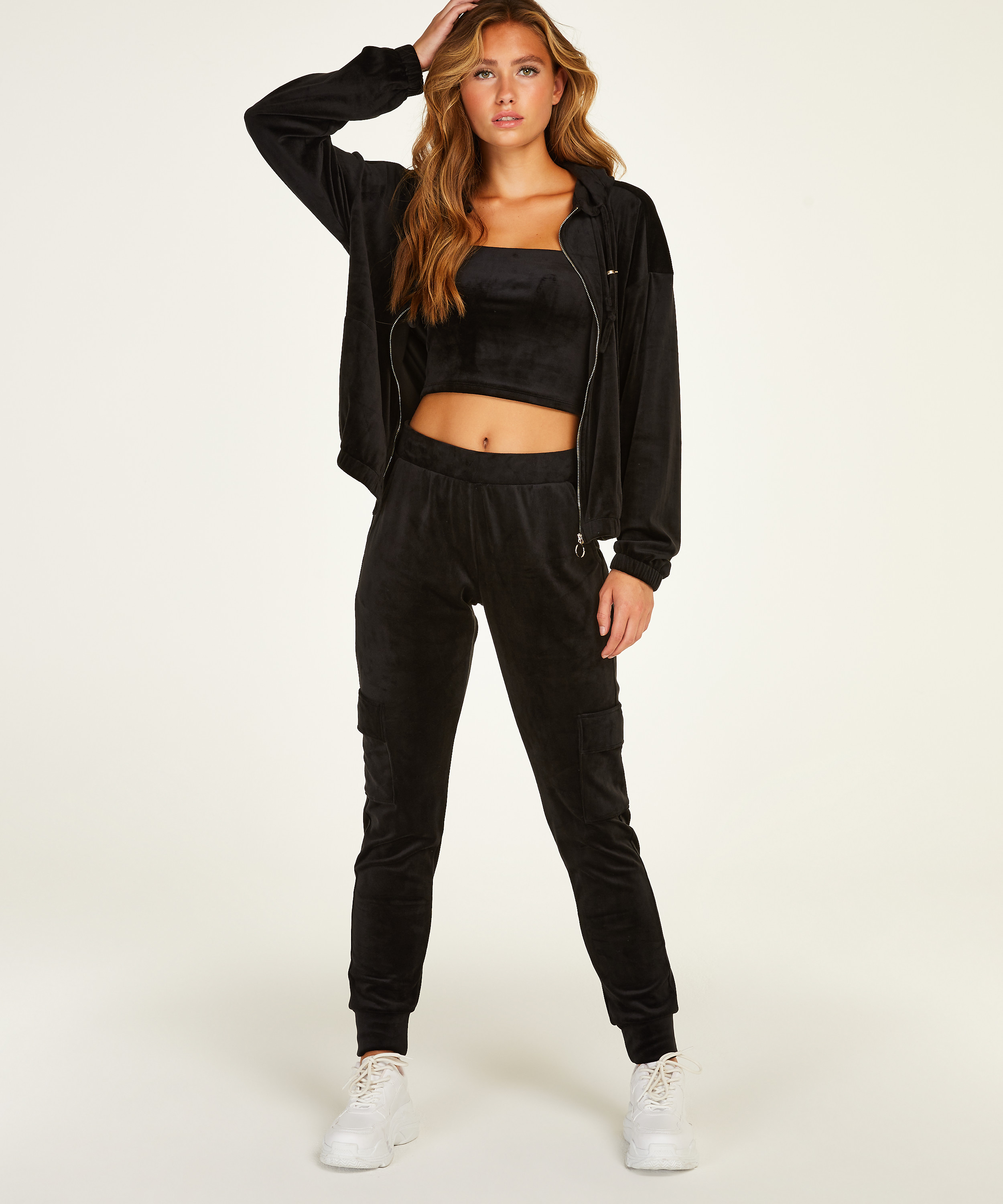 Hoodie Jacke Velours, Schwarz, main