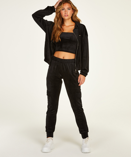 Hoodie Jacke Velours, Schwarz