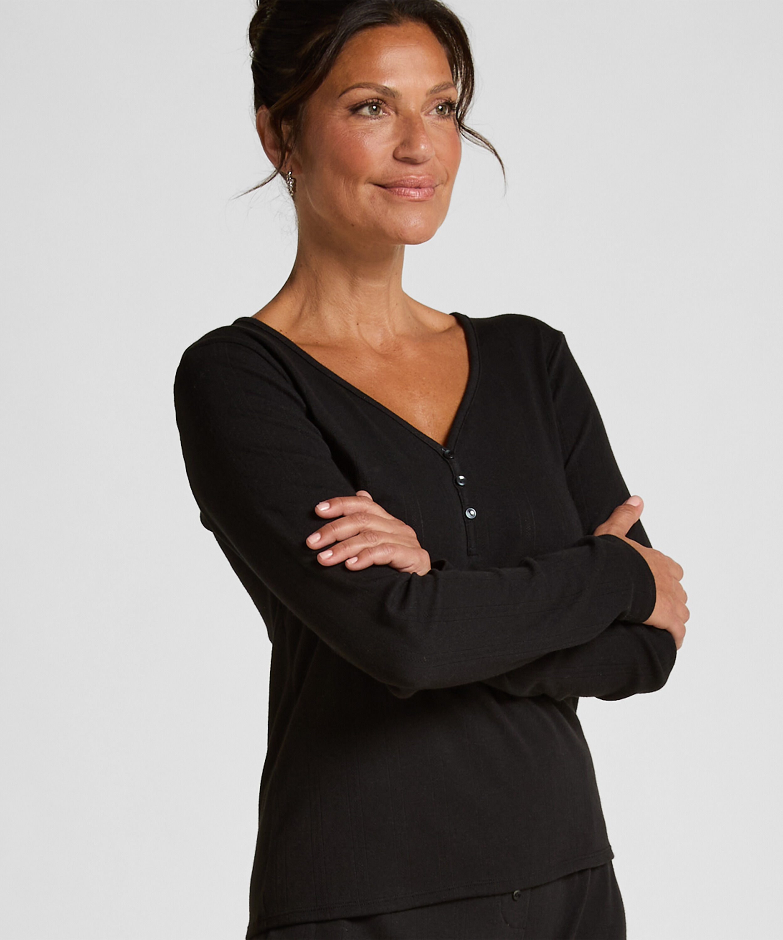 Henley-Pyjamatop mit langen Ärmeln, Schwarz