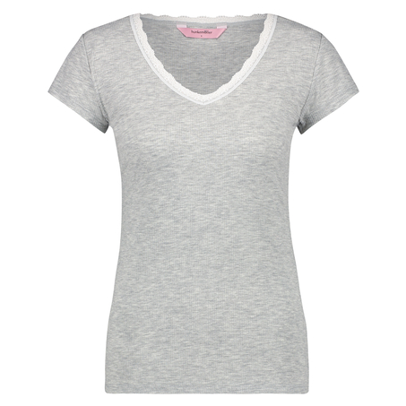 Kurzarm-Top, Rib V-Neck, Grau