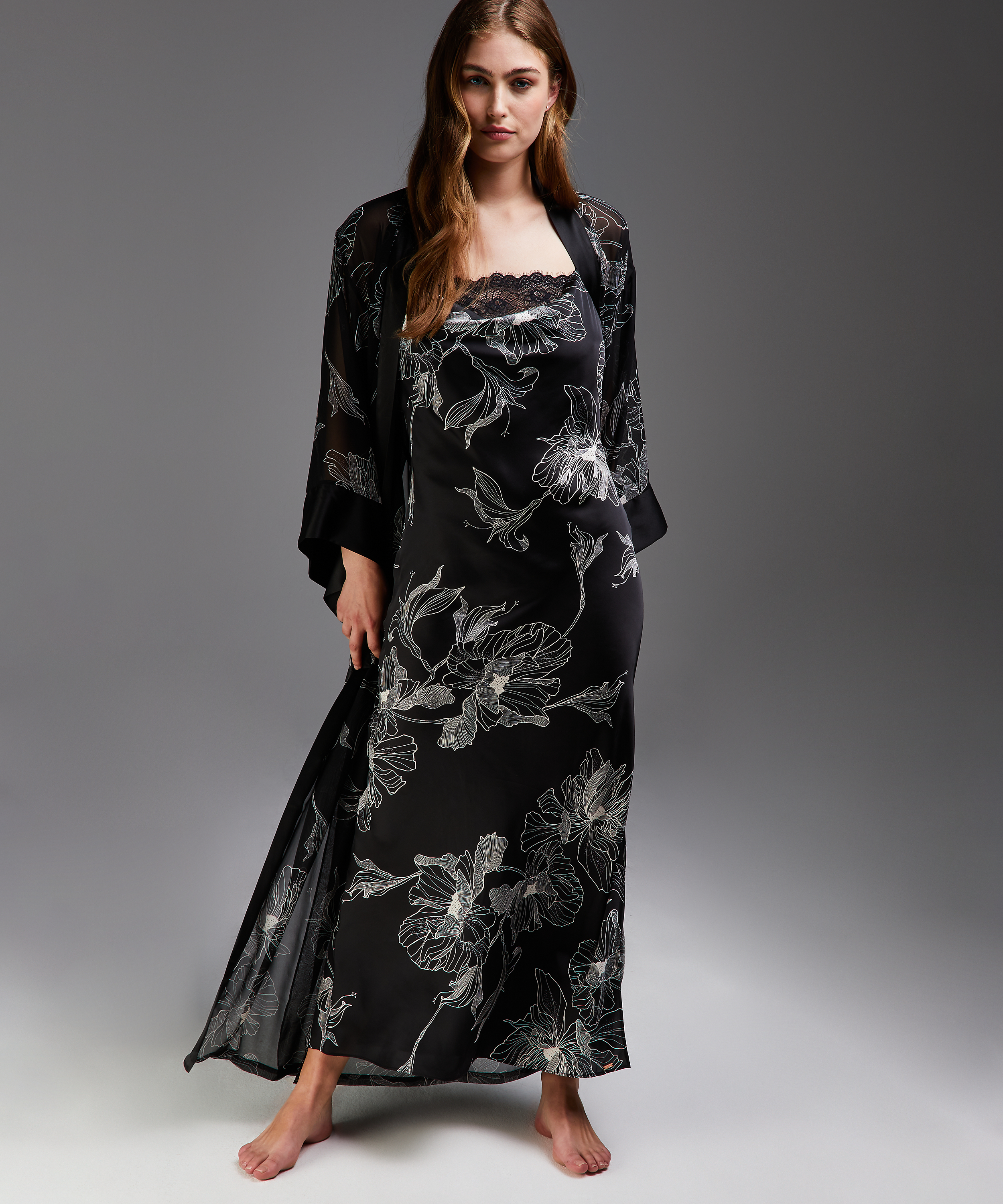 Kimono langer Chiffon-Lotus, Schwarz, main