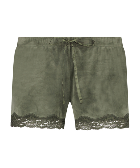 Shorts aus Velours mit Spitze, Gr&uuml;n