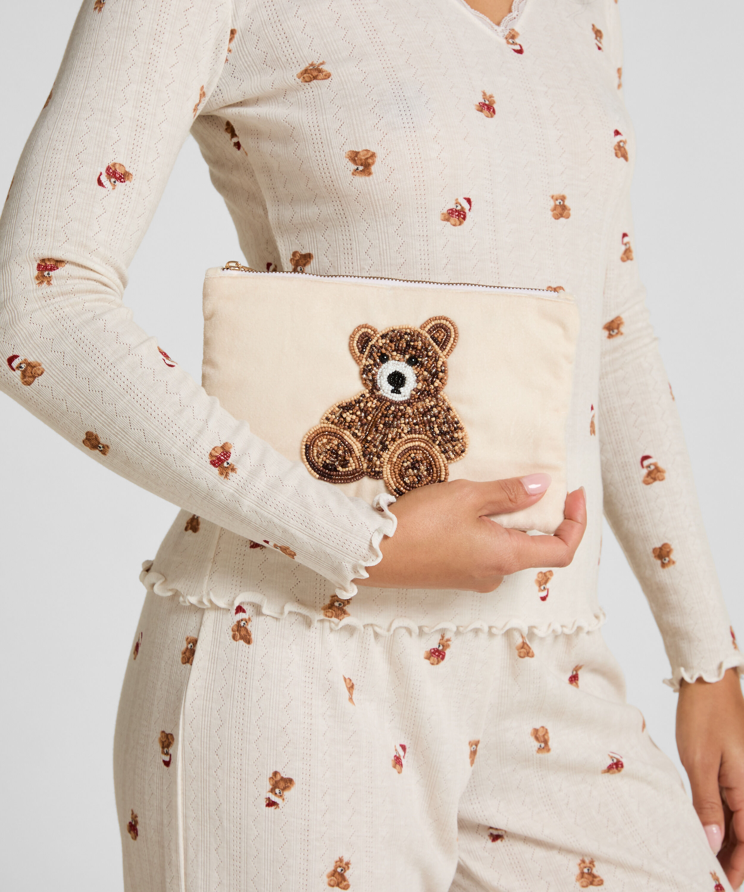 Pochette perl&eacute;e ours, Beige