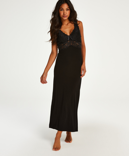 Langes Slipdress, Modal Lace, Schwarz