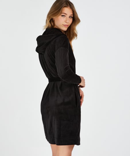 Kurzer Bademantel Velours, Schwarz