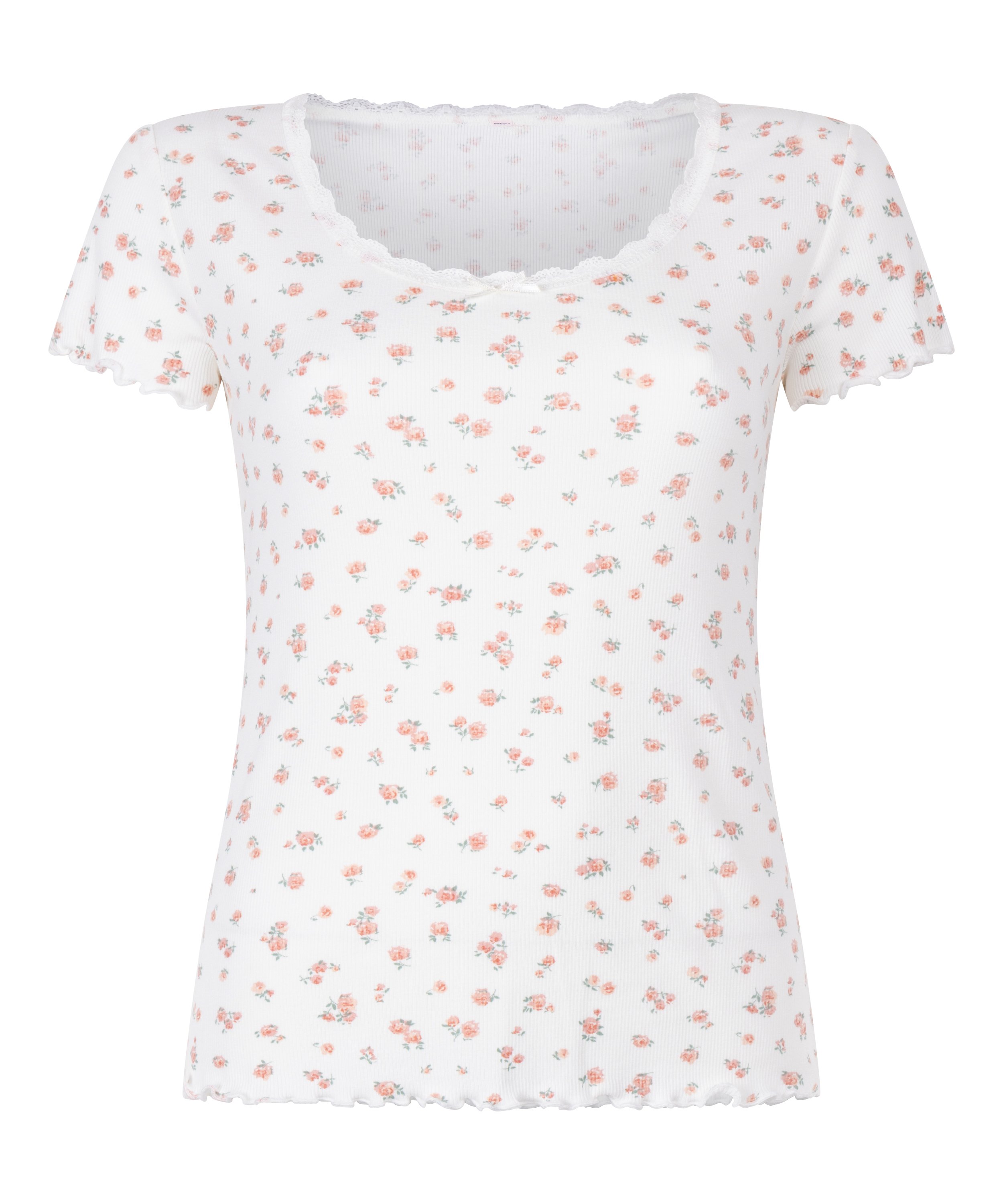 Geripptes Kurzarm-Top mit Spitze, Weiß, main