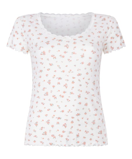 Geripptes Kurzarm-Top mit Spitze, Weiß