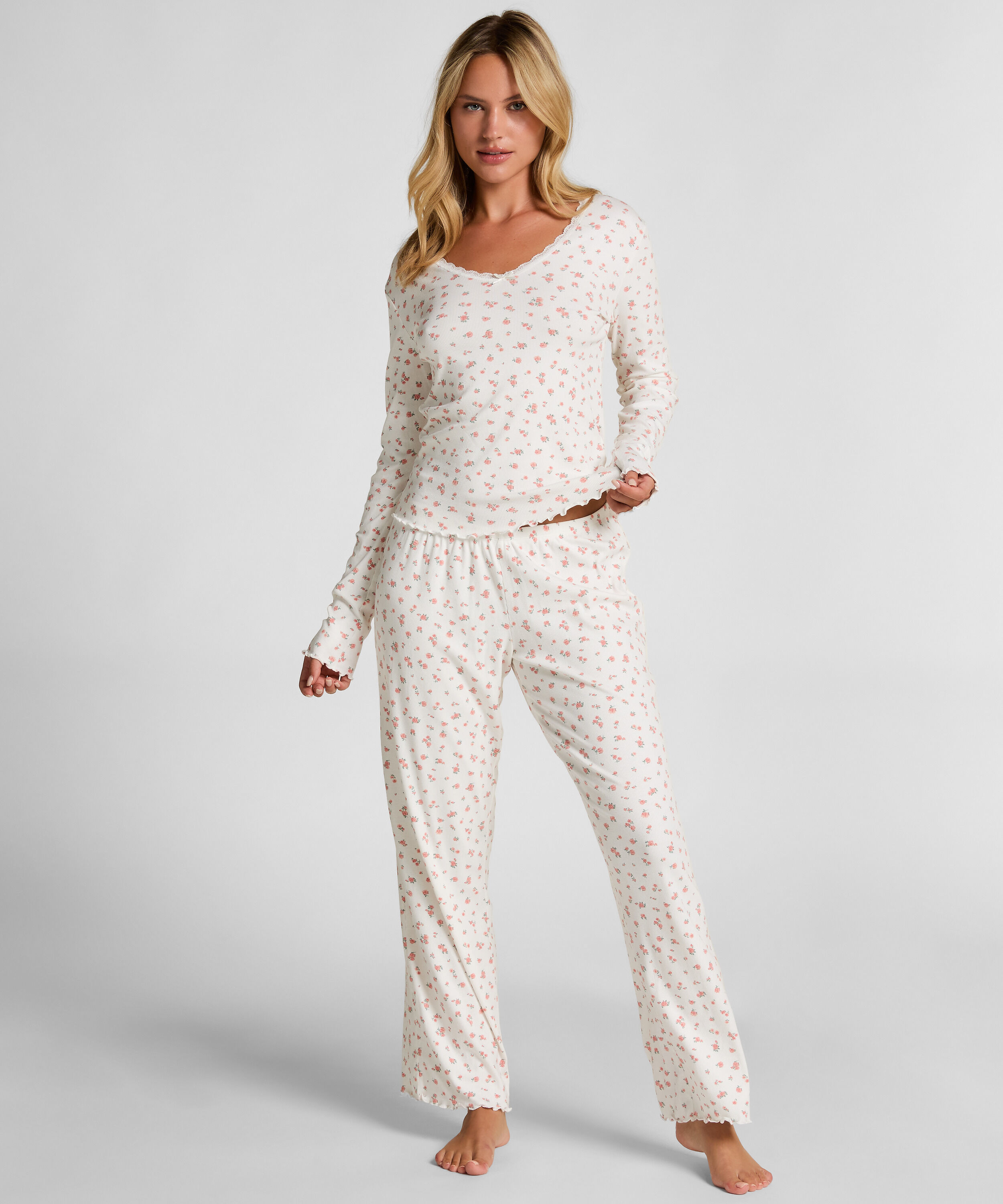 Gerippte Pyjamahose, Weiß
