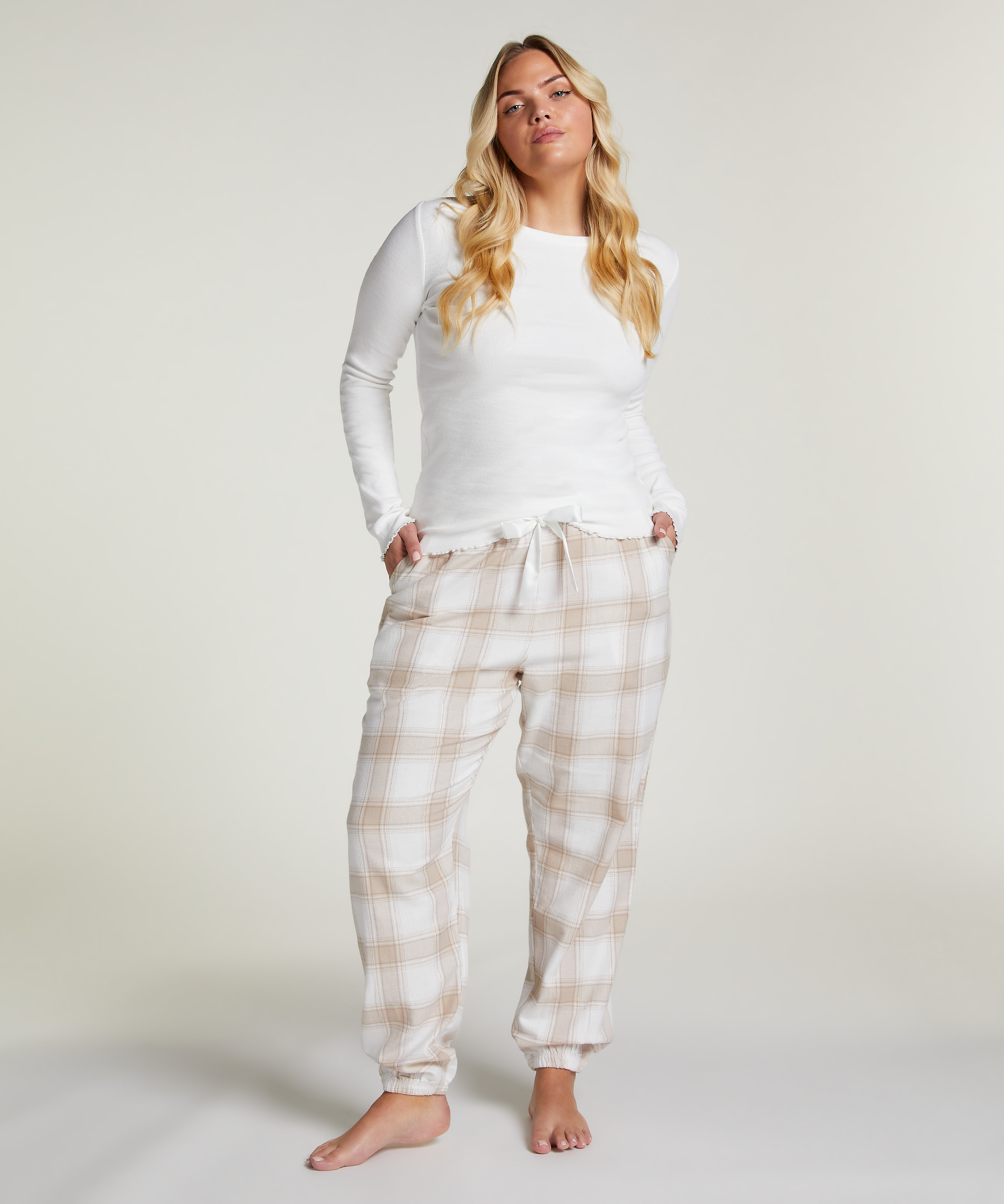 Pyjamahose aus Flanell, Beige, main