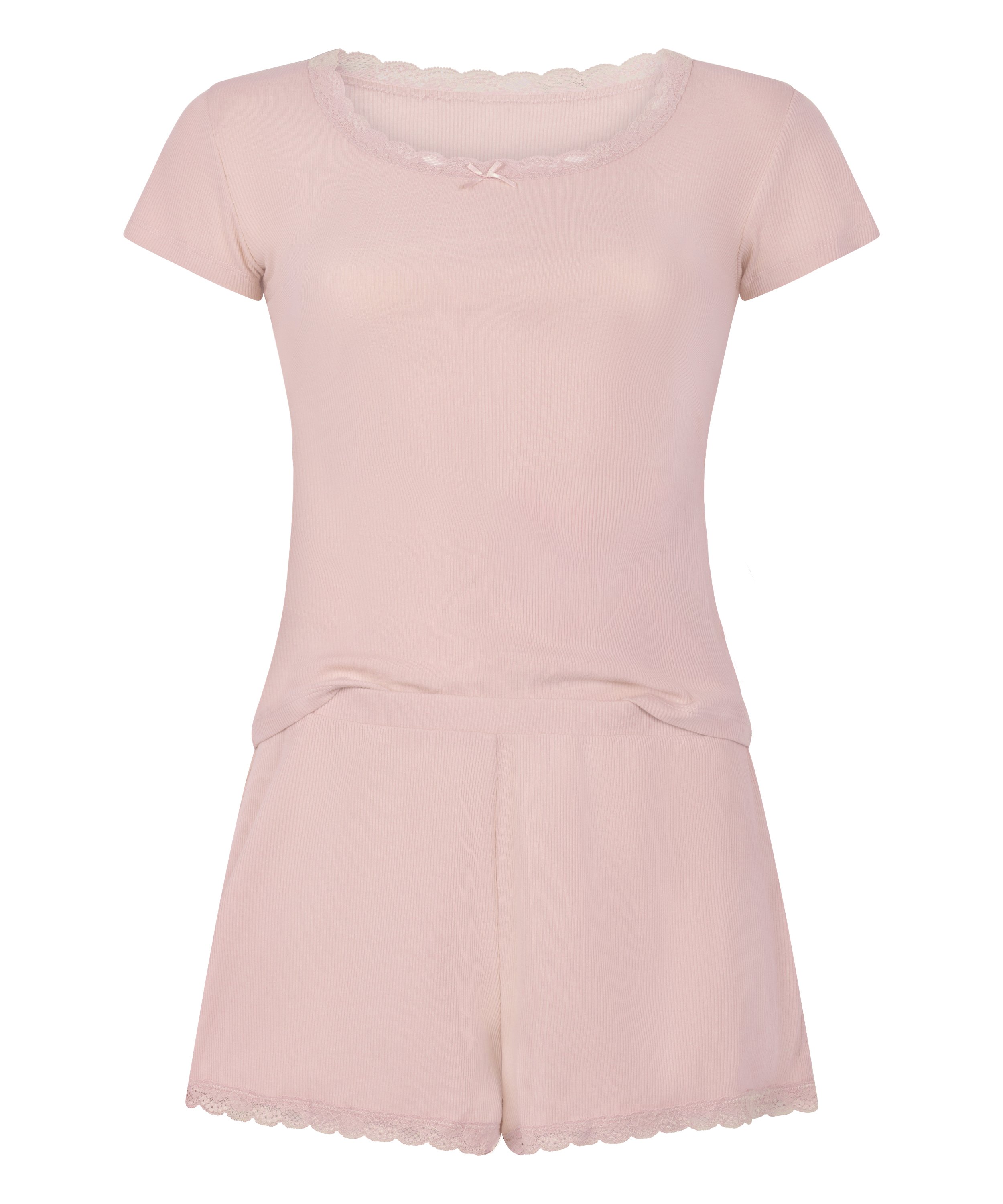 Geripptes Pyjamaset mit Spitze, Rose, main