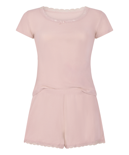 Geripptes Pyjamaset mit Spitze, Rose