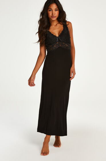 Hunkemöller Langes Slipdress, Modal Lace Schwarz 2XS