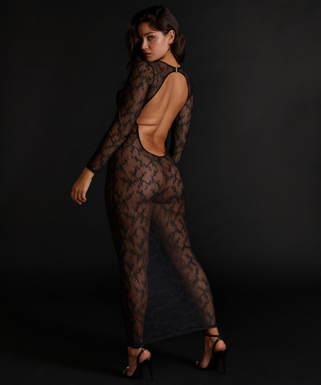 Langärmeliges Bodycon-Slipkleid aus Spitze, Schwarz