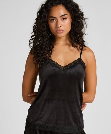 Cami Top Velours Lace, Schwarz
