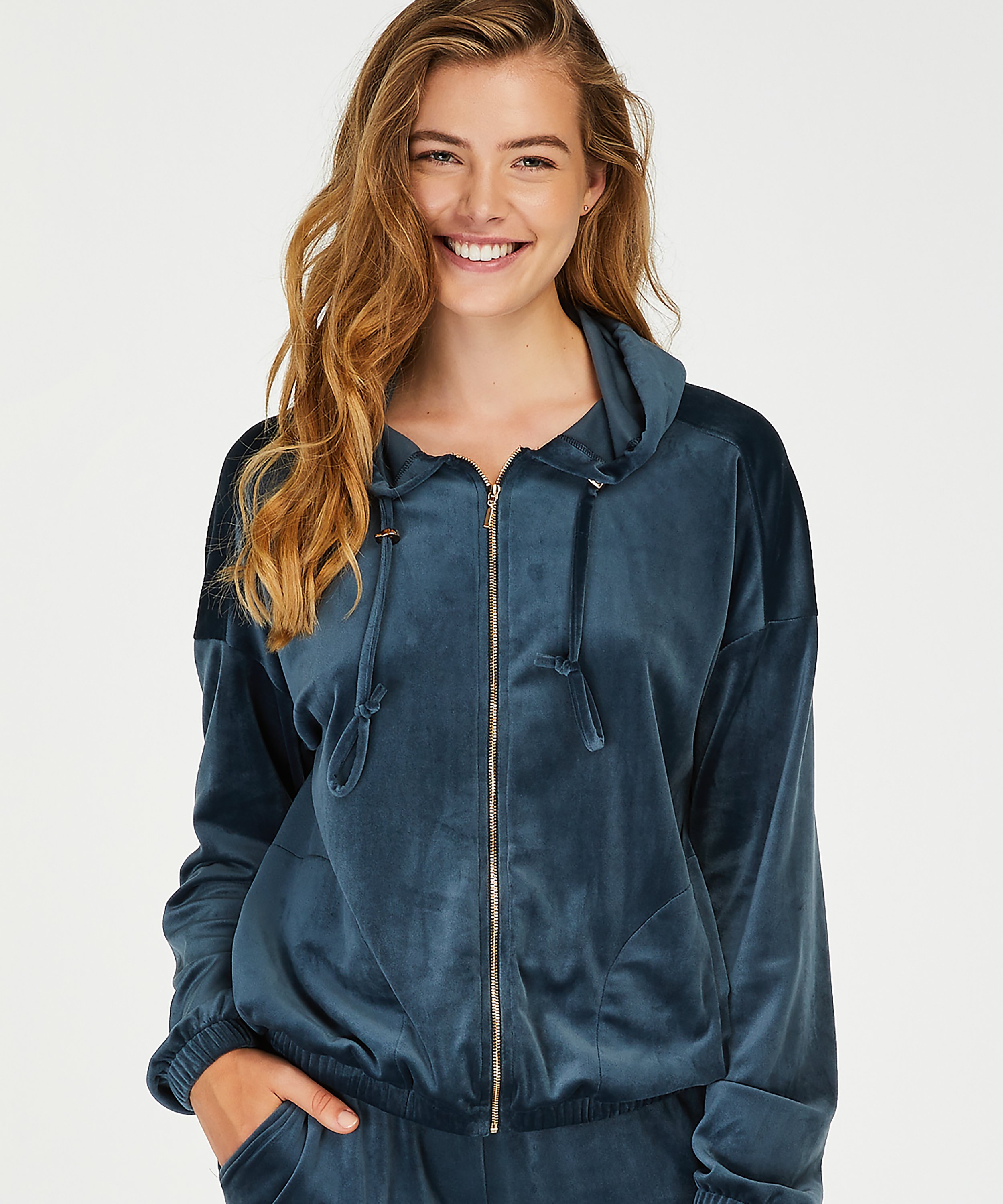 Hoodie-Jacke aus Samt, Blau, main