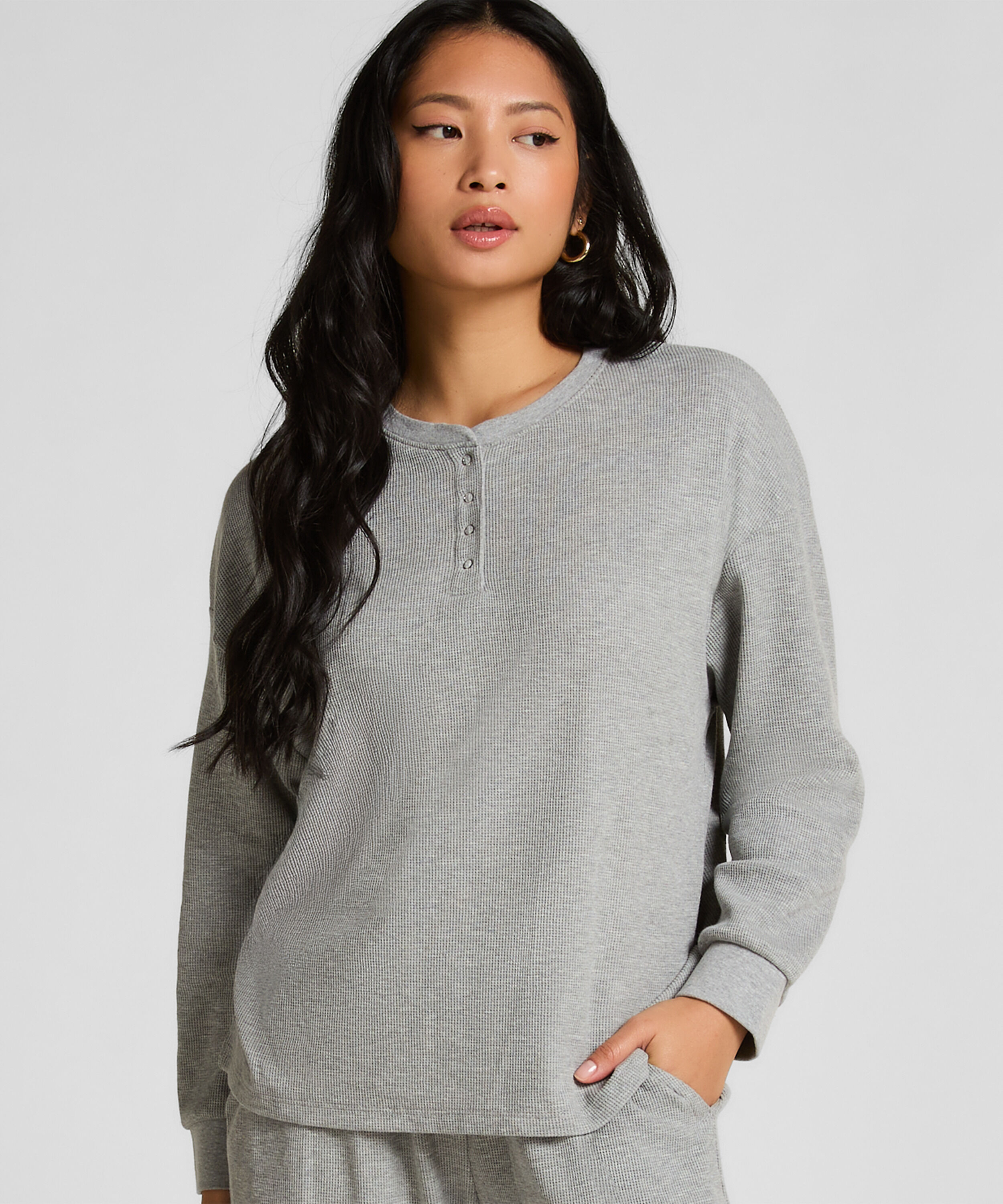 Top Waffelstrick Henley, Grau Top Waffelstrick Henley, Grau