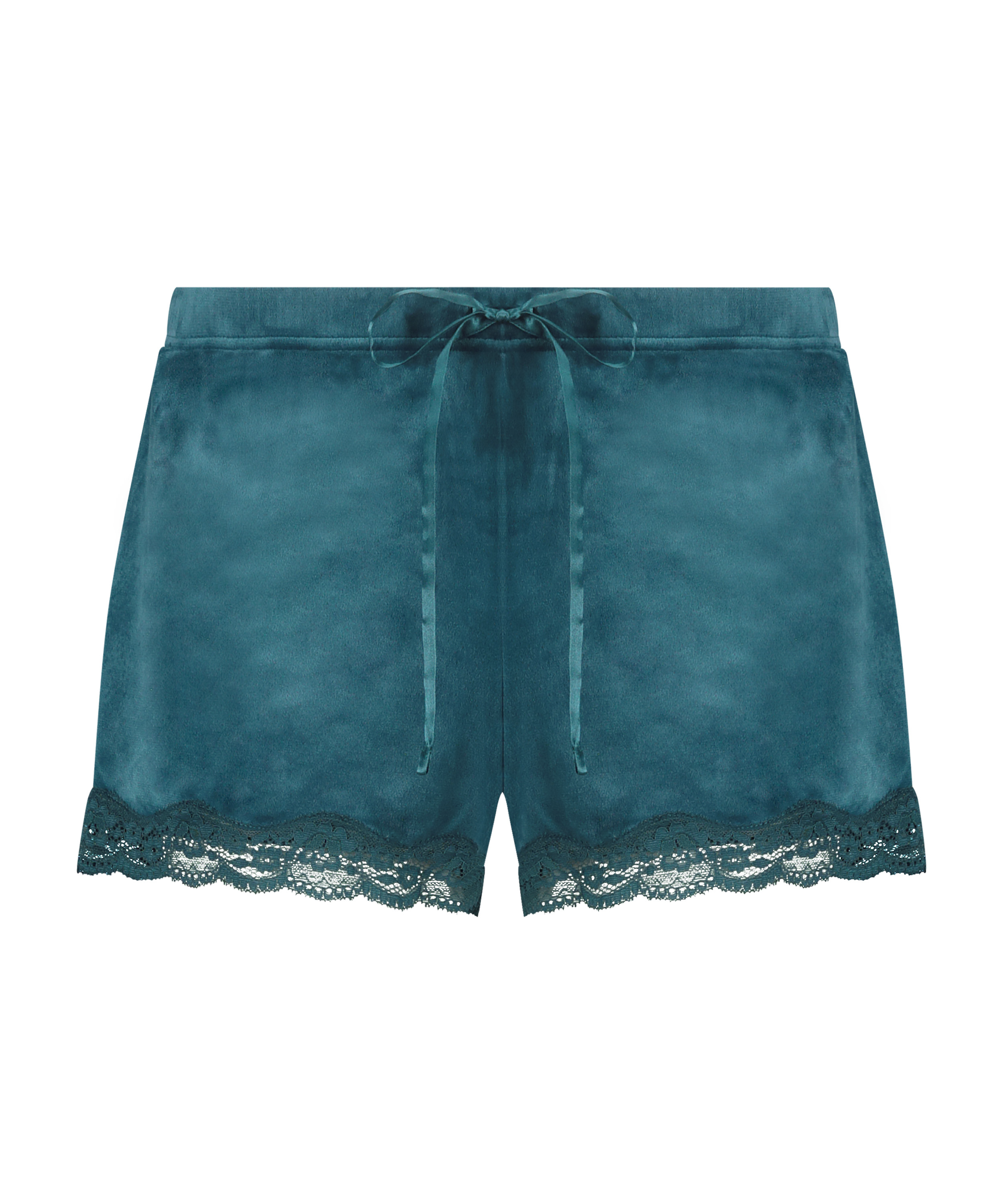 Shorts aus Velours mit Spitze, Blau, main