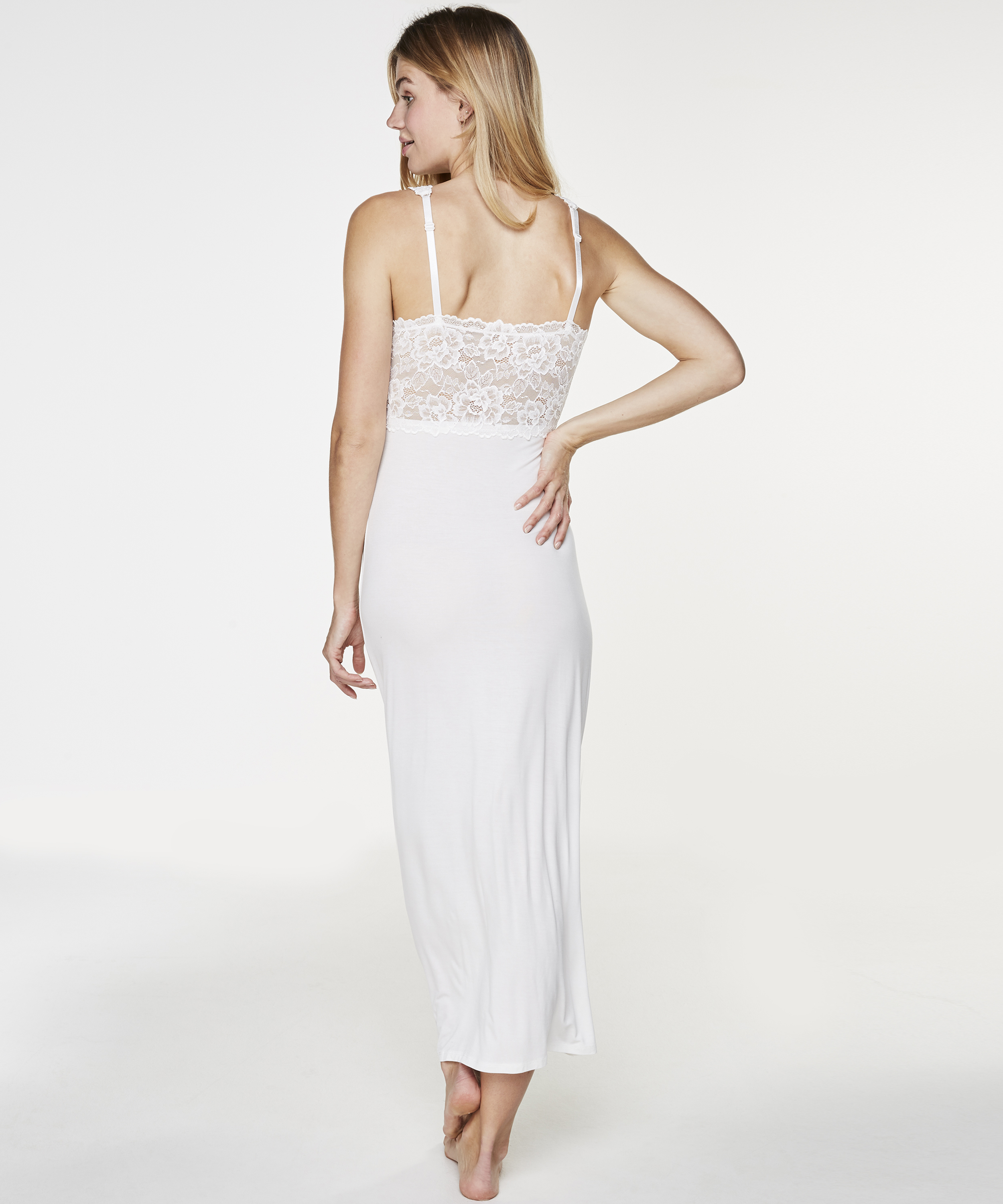 Langes Slipdress, Modal Lace, Weiß, main