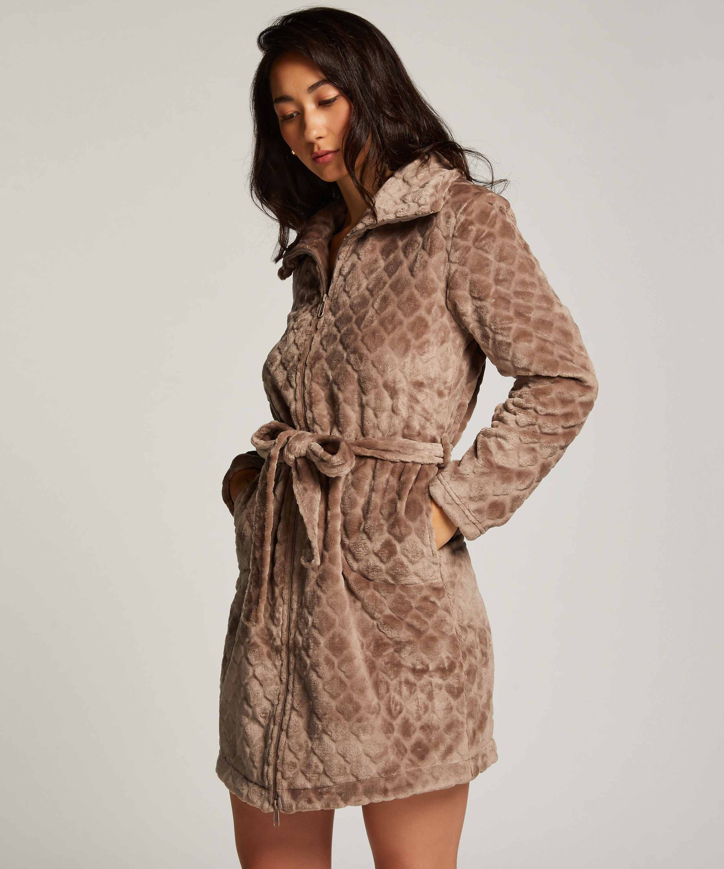 Peignoir en molleton avec fermeture &eacute;clair, Marron