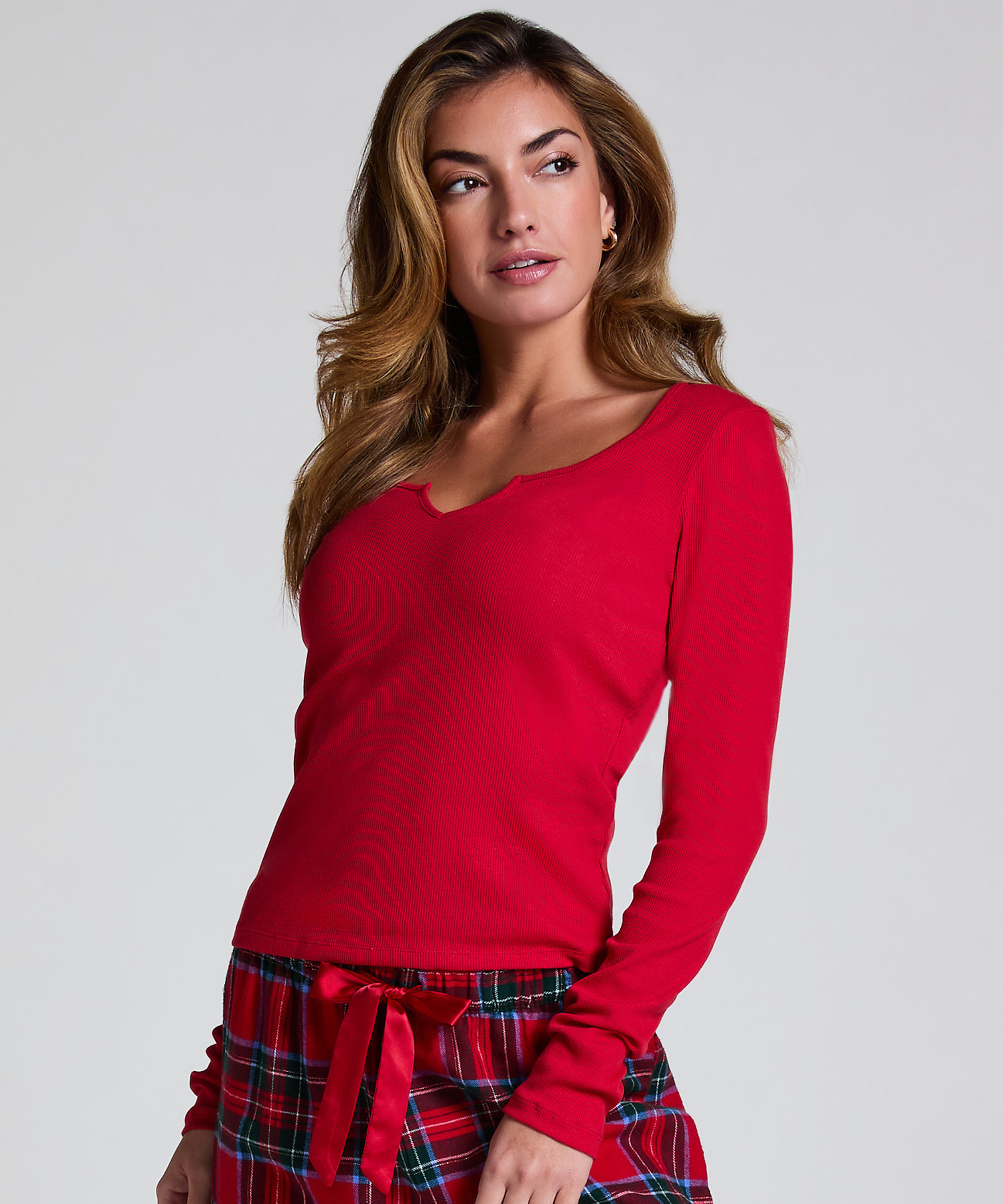 Top mit V-Ausschnitt, Longsleeve, Rot, main