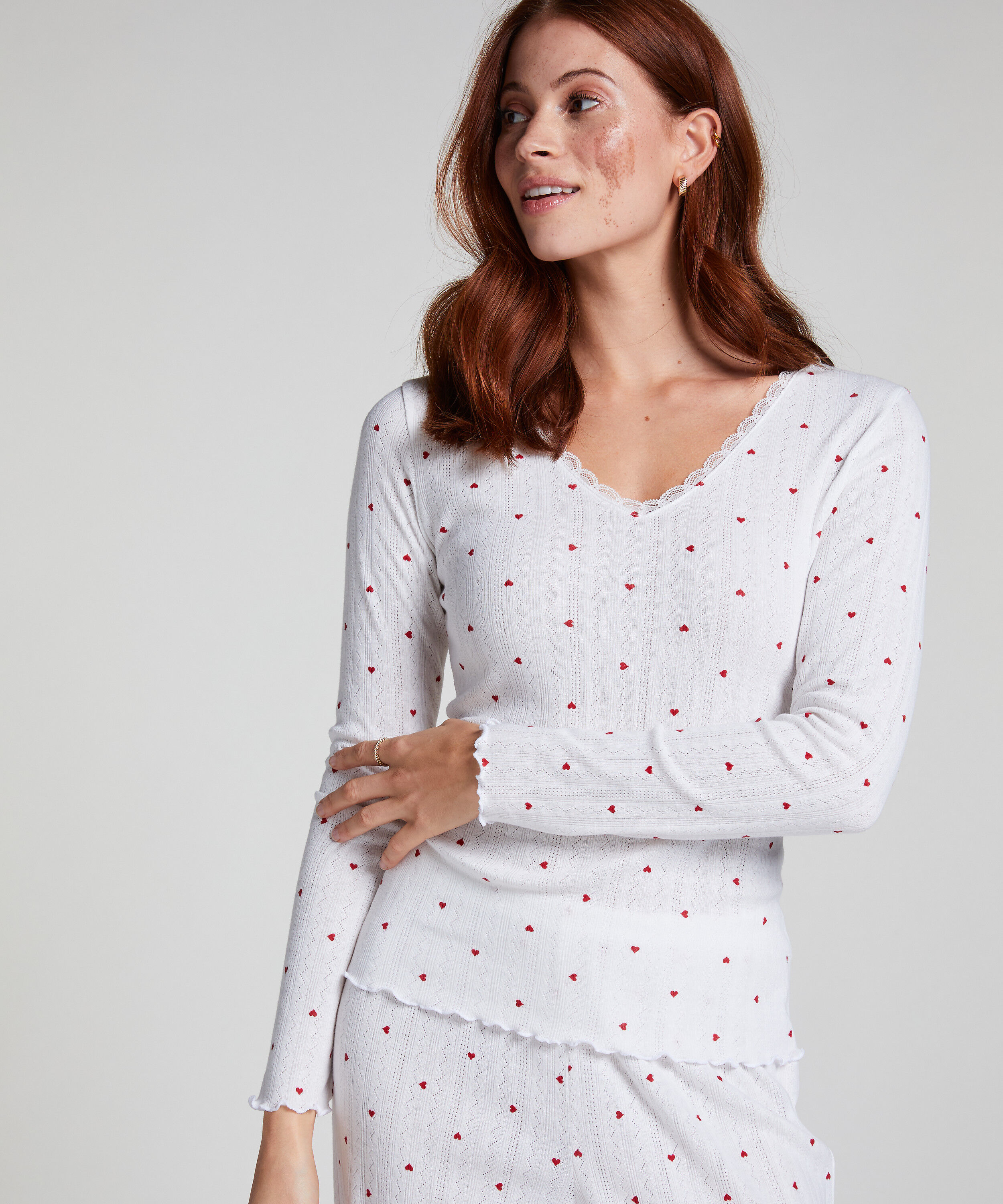 Langärmeliges Pyjamatop Pointelle, Weiß