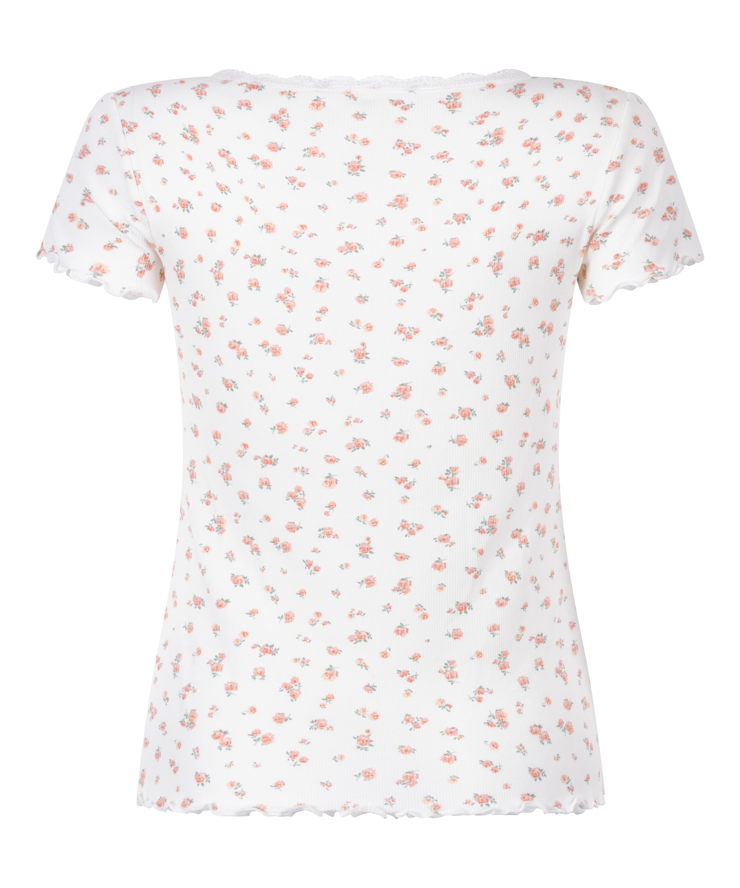 Geripptes Kurzarm-Top mit Spitze, Weiß, main