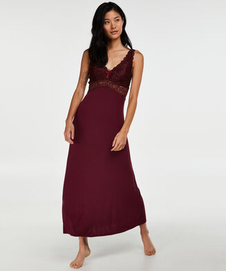 Langes Slipdress, Modal Lace, Rot