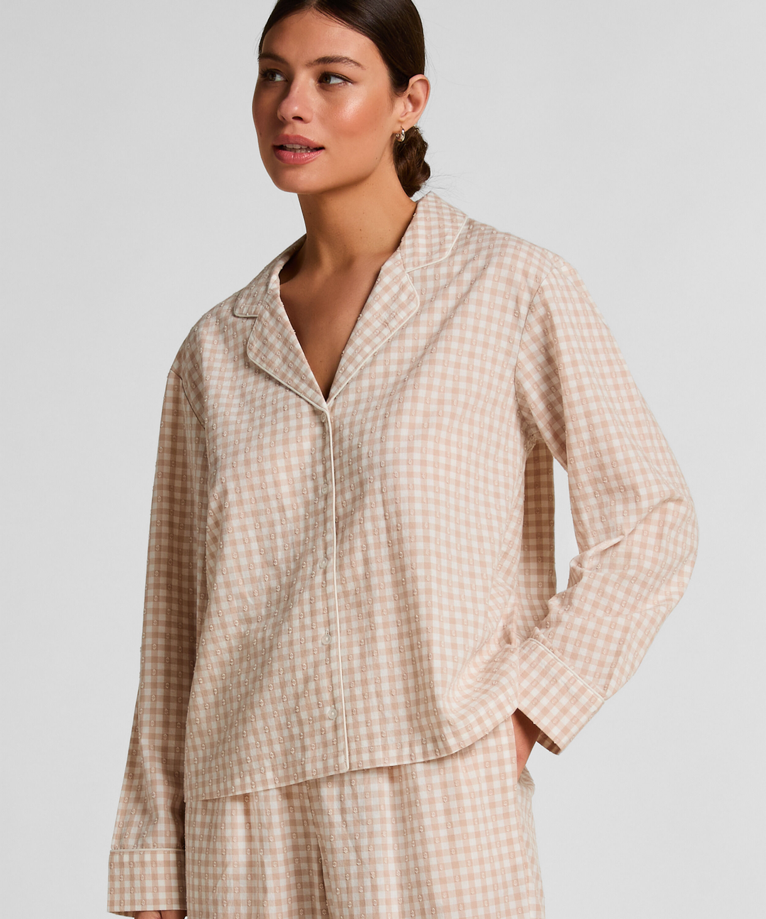 Dobby Pyjama-Jacke aus Gewebter Baumwolle, Beige
