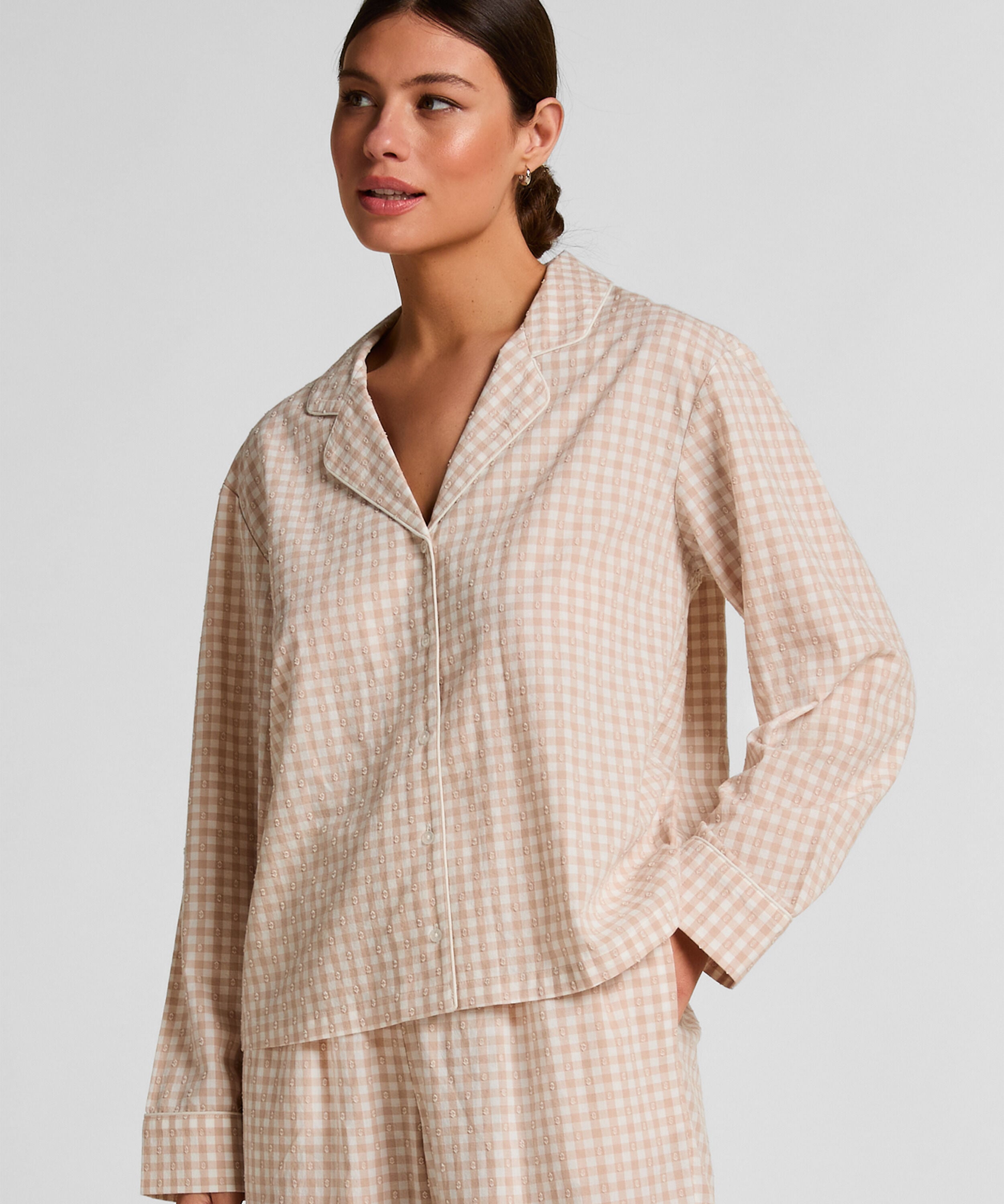 Veste de Pyjama Dobby en Coton Tissé, Beige Veste de Pyjama Dobby en Coton Tissé, Beige