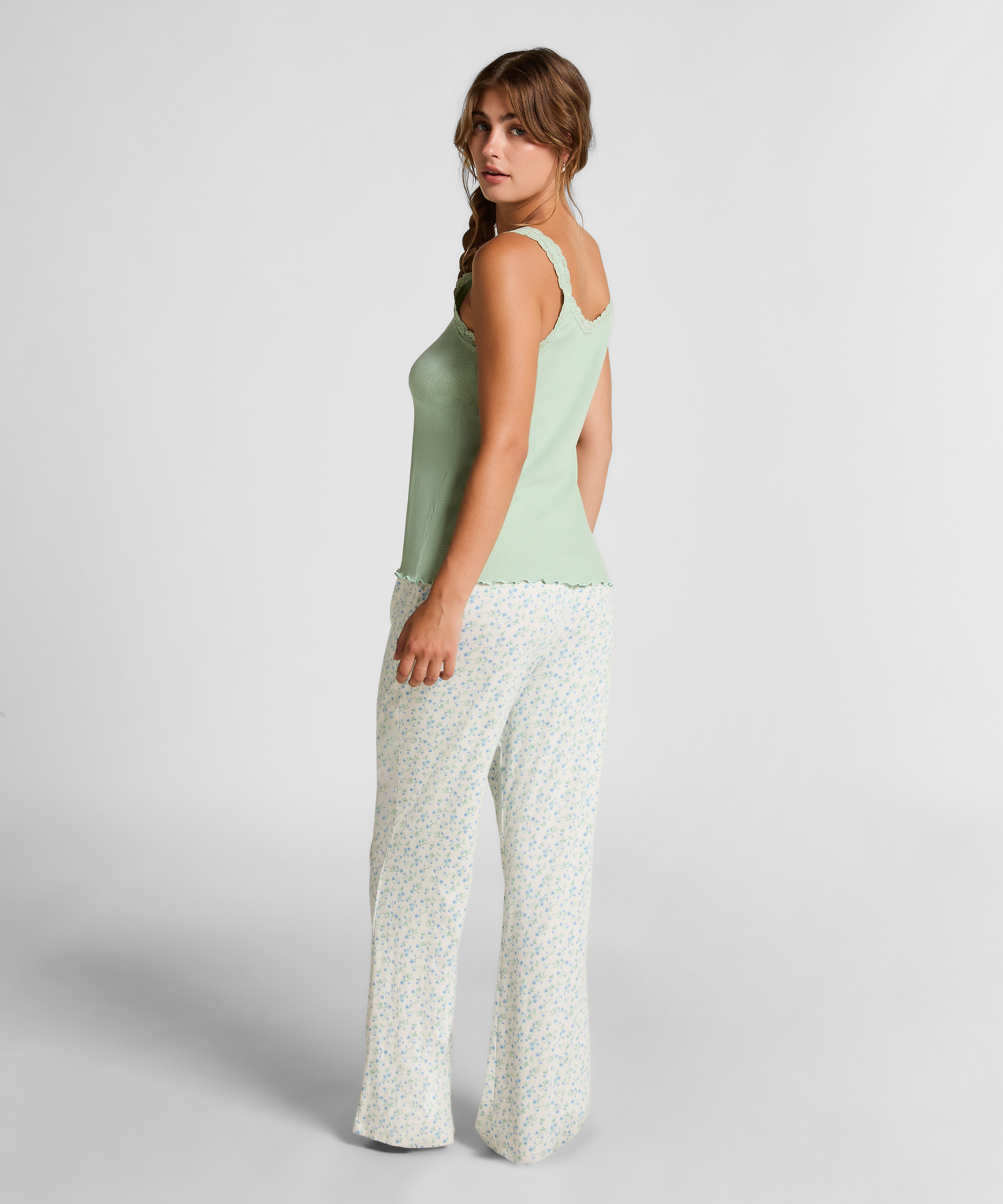 Débardeur en Jersey Côtelé avec Dentelle, Vert, main