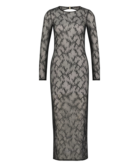 Langärmeliges Bodycon-Slipkleid aus Spitze, Schwarz