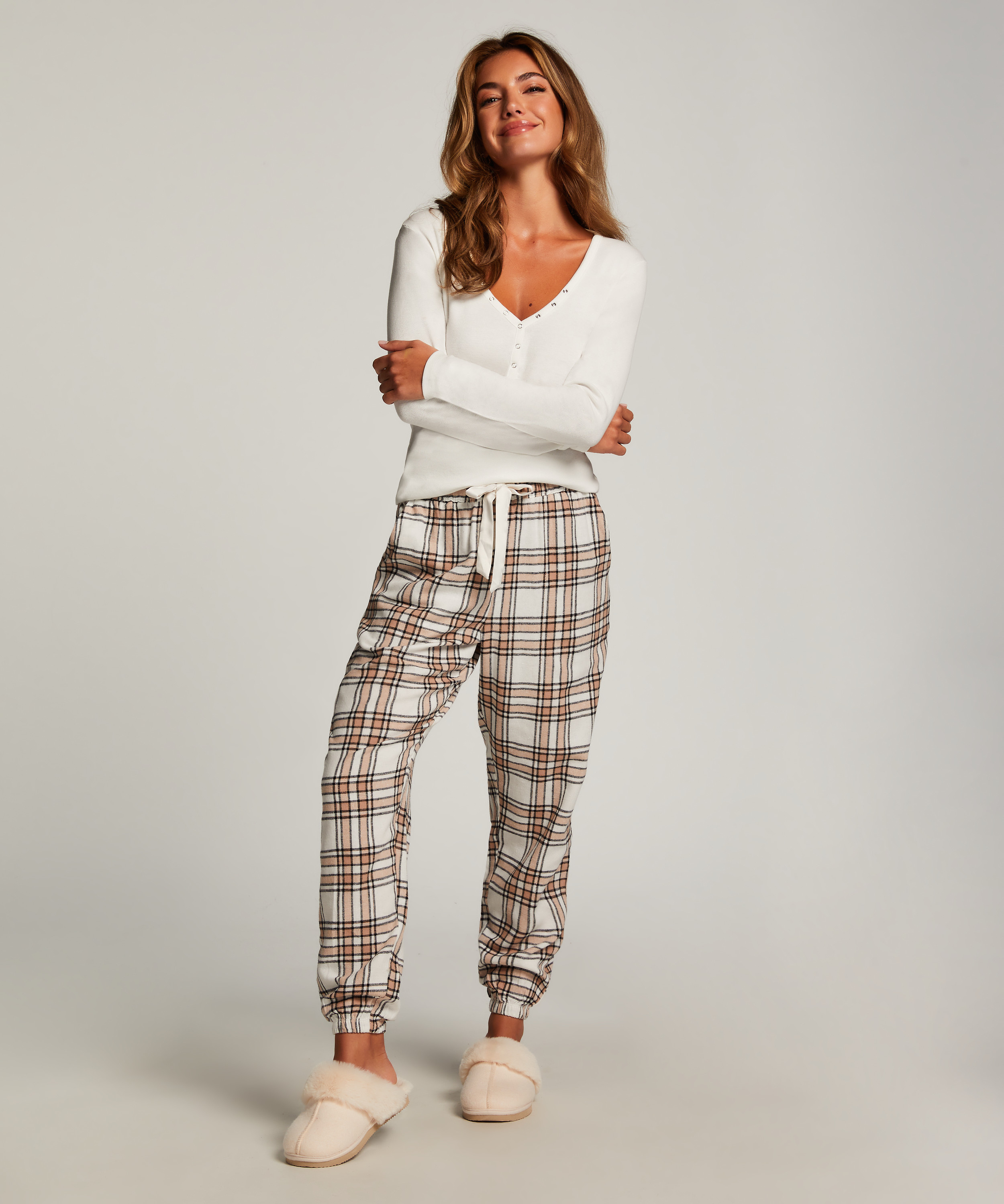 Pyjamahose aus Flanell, Beige, main