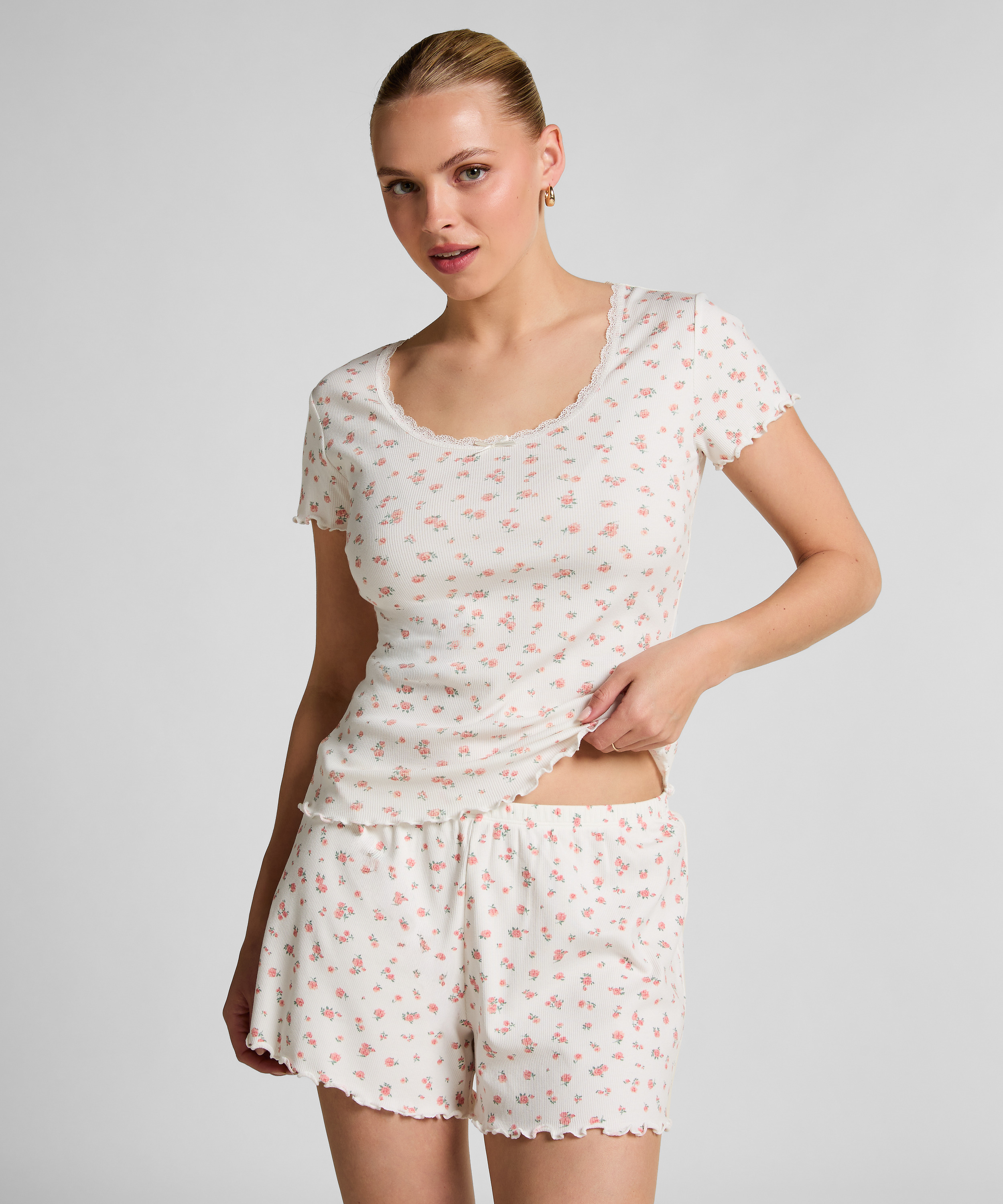 Gerippte Pyjamashorts, Weiß, main