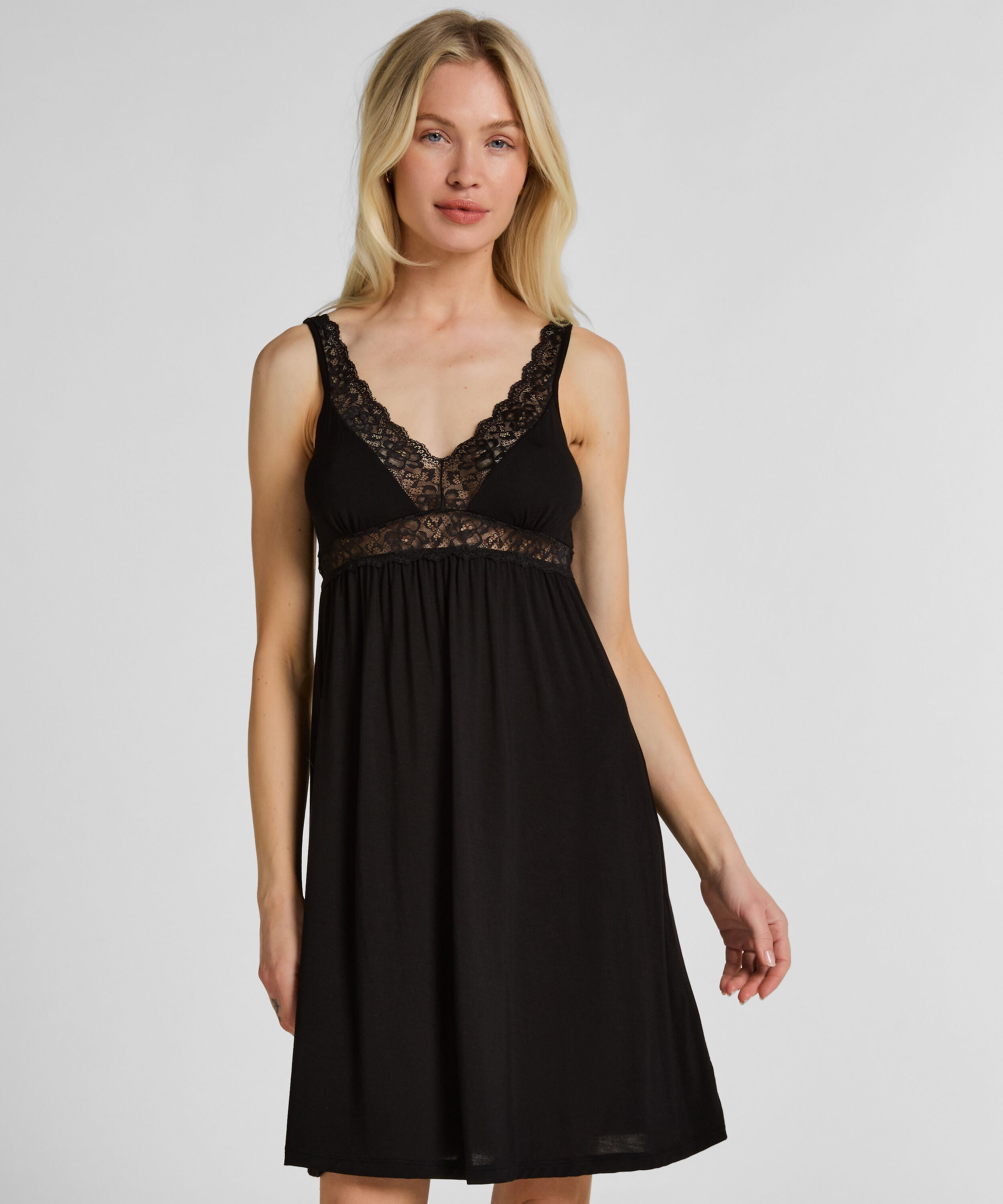 Jersey-Negligé mit Spitze, Schwarz Jersey-Negligé mit Spitze, Schwarz