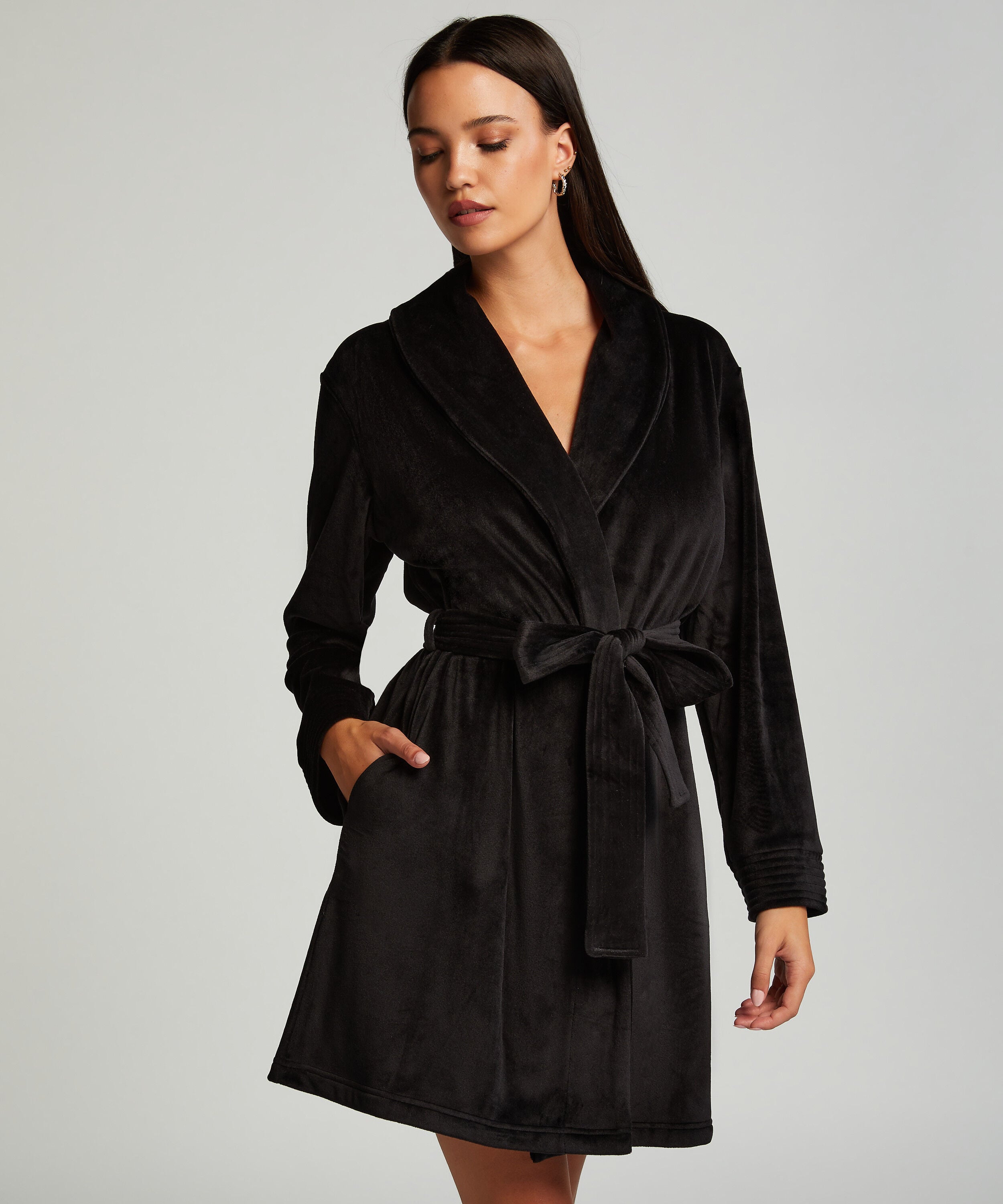 Kurzer Bademantel Velours, Schwarz