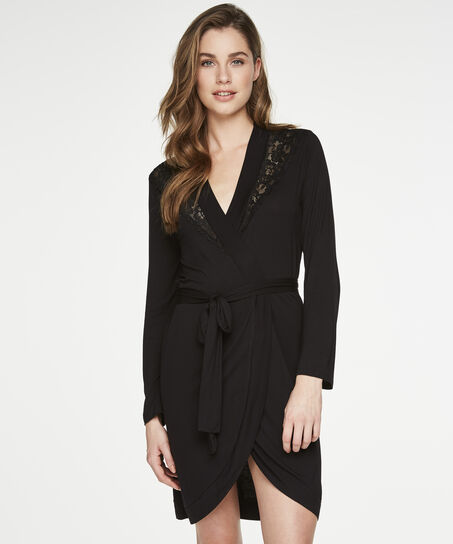 Peignoir Modal Lace, Noir