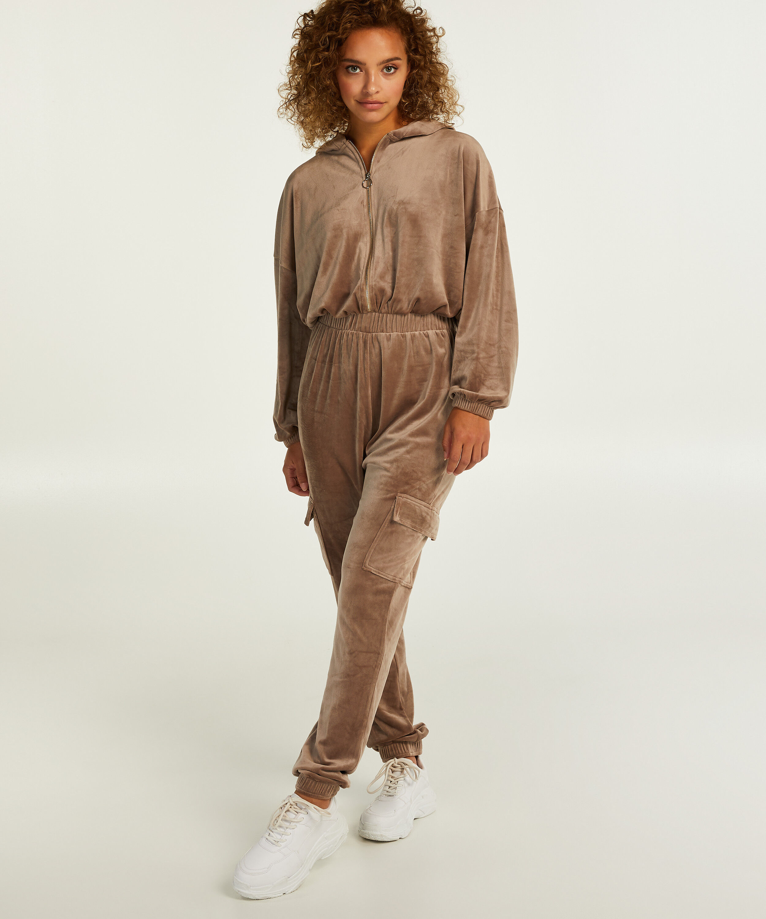 Jumpsuit-Hoodie aus Velours, Braun