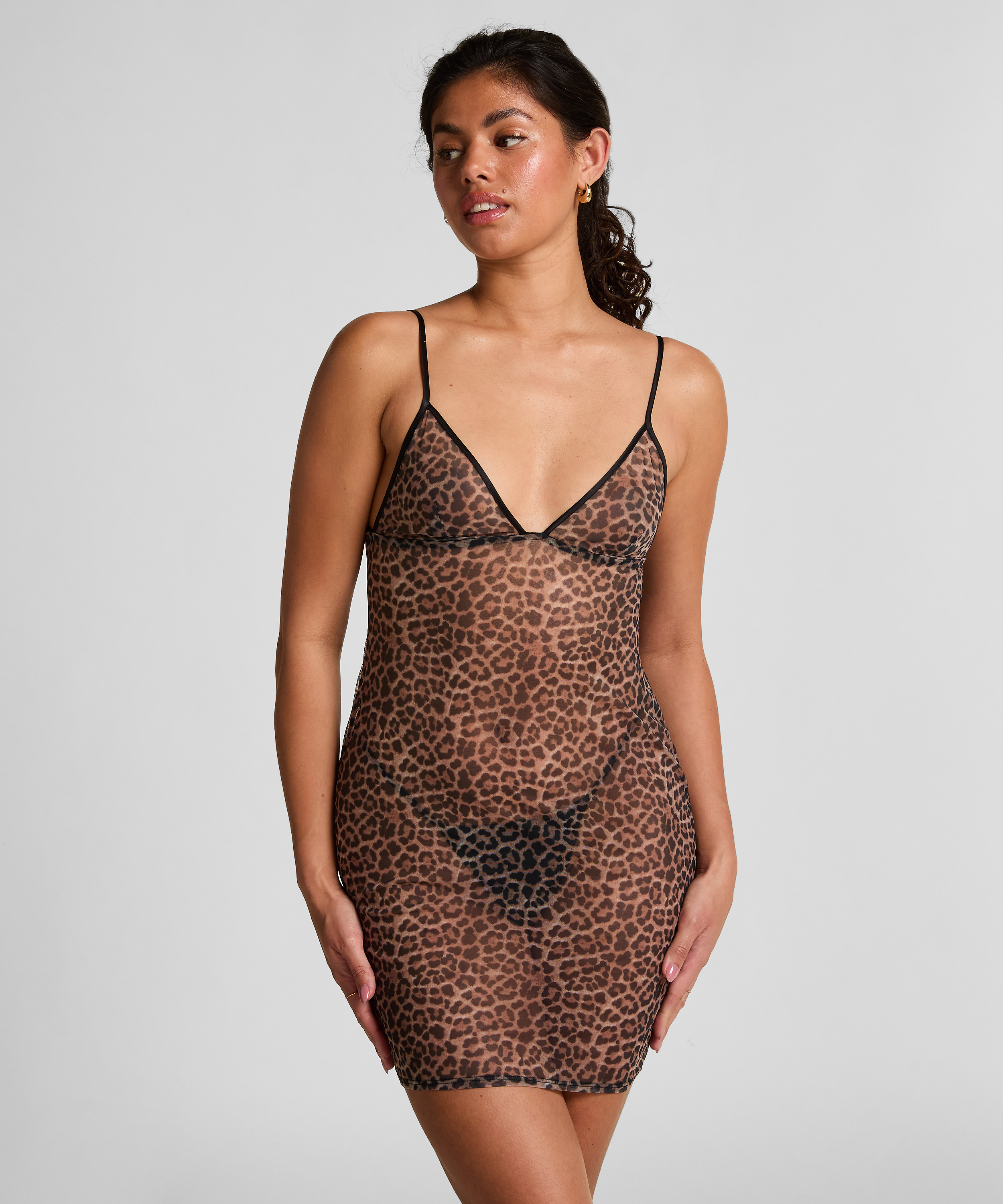 Leopard Mesh-Slipdress, Schwarz, main