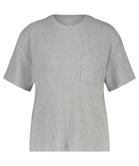 Geripptes Kurzarm-Top, Grau
