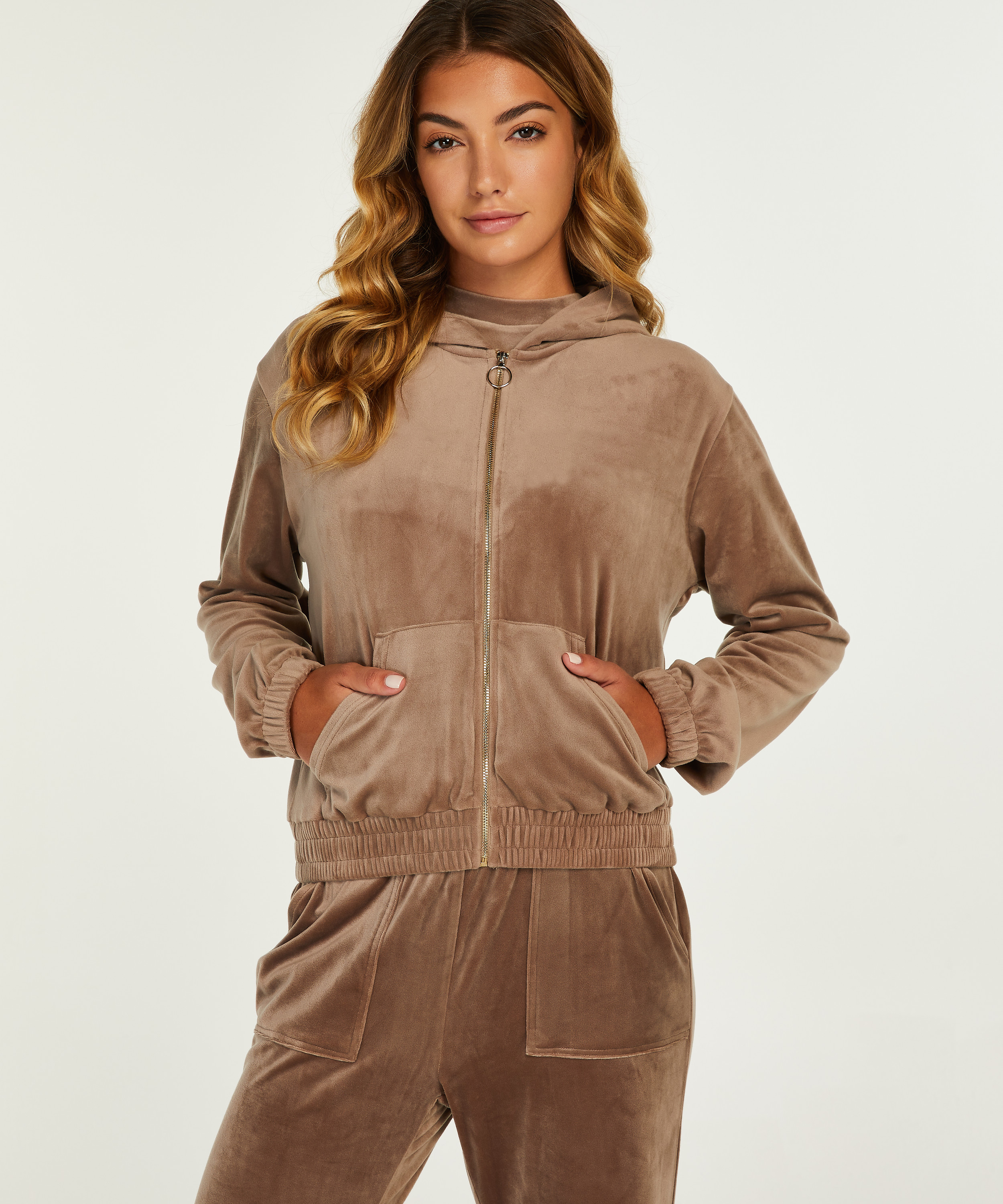 Hoodie Jacke Velours, Braun, main