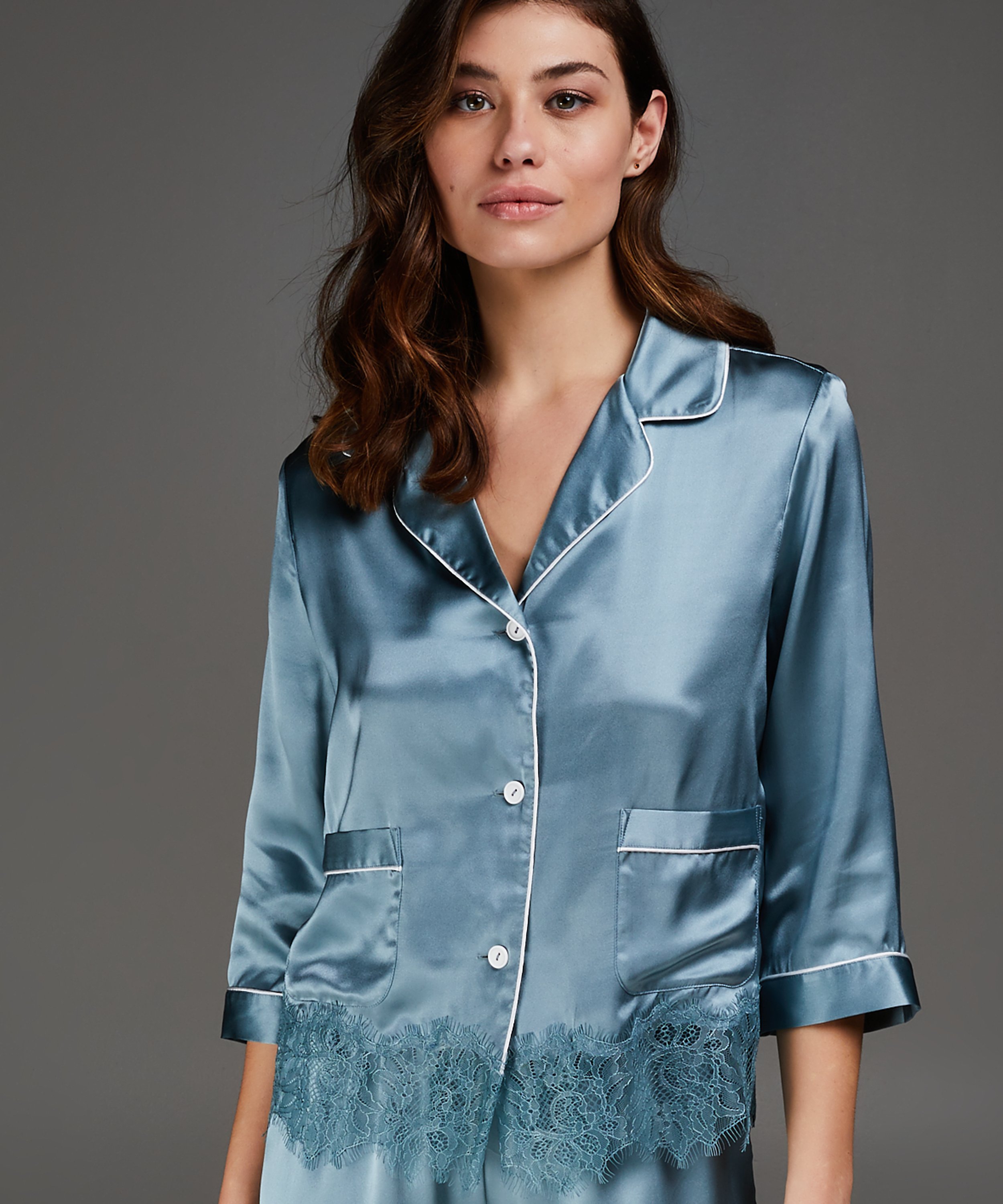 Pyjamajacke aus Seide, Blau, main