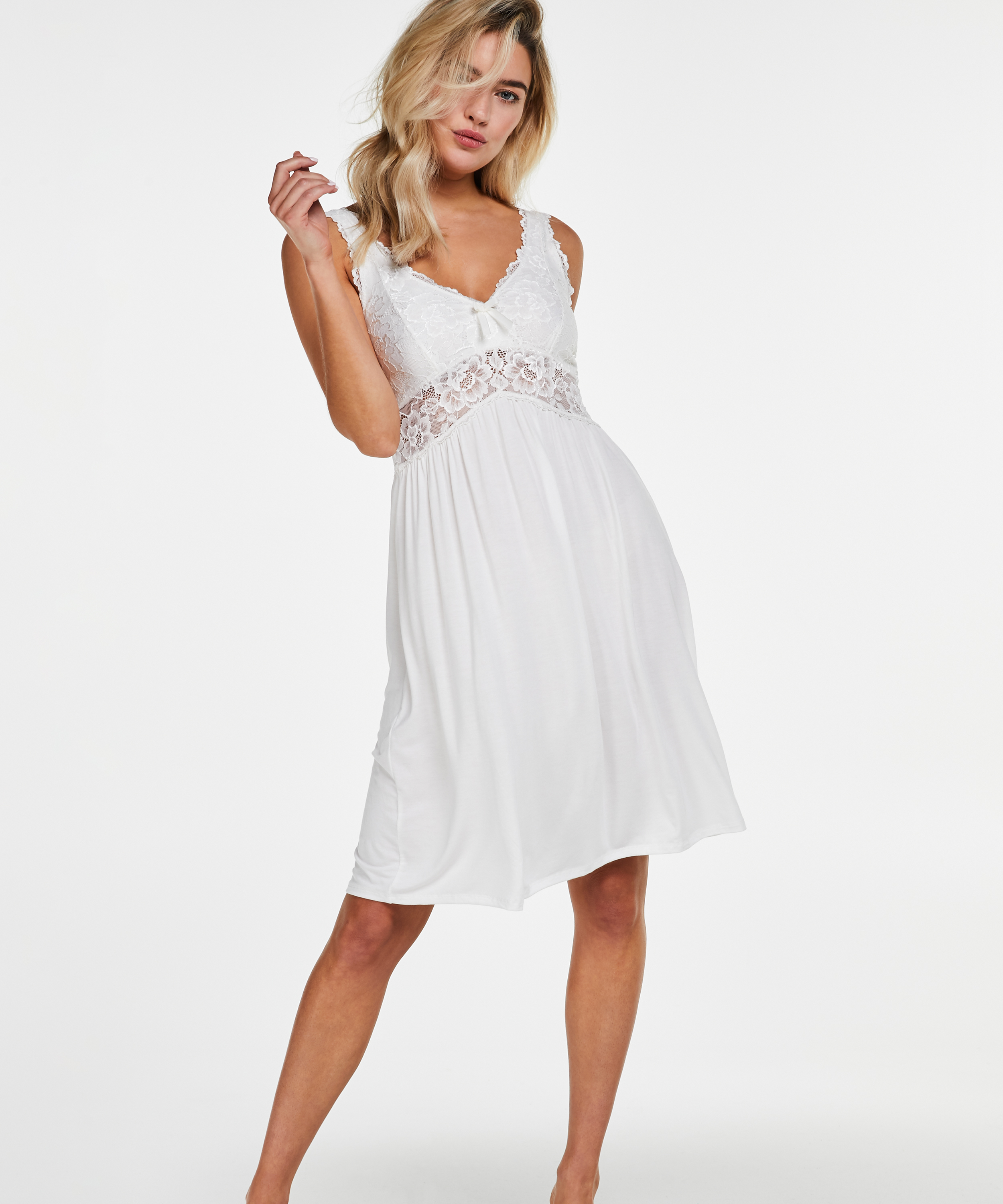 Slipdress Modal Lace mit Spitze, Wei&szlig;, main
